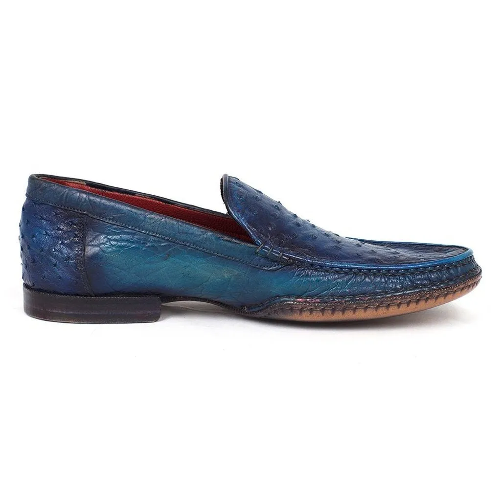 Paul Parkman Blue Genuine Ostrich Opanka Stitched Moccasins (ID#YL94OPK)