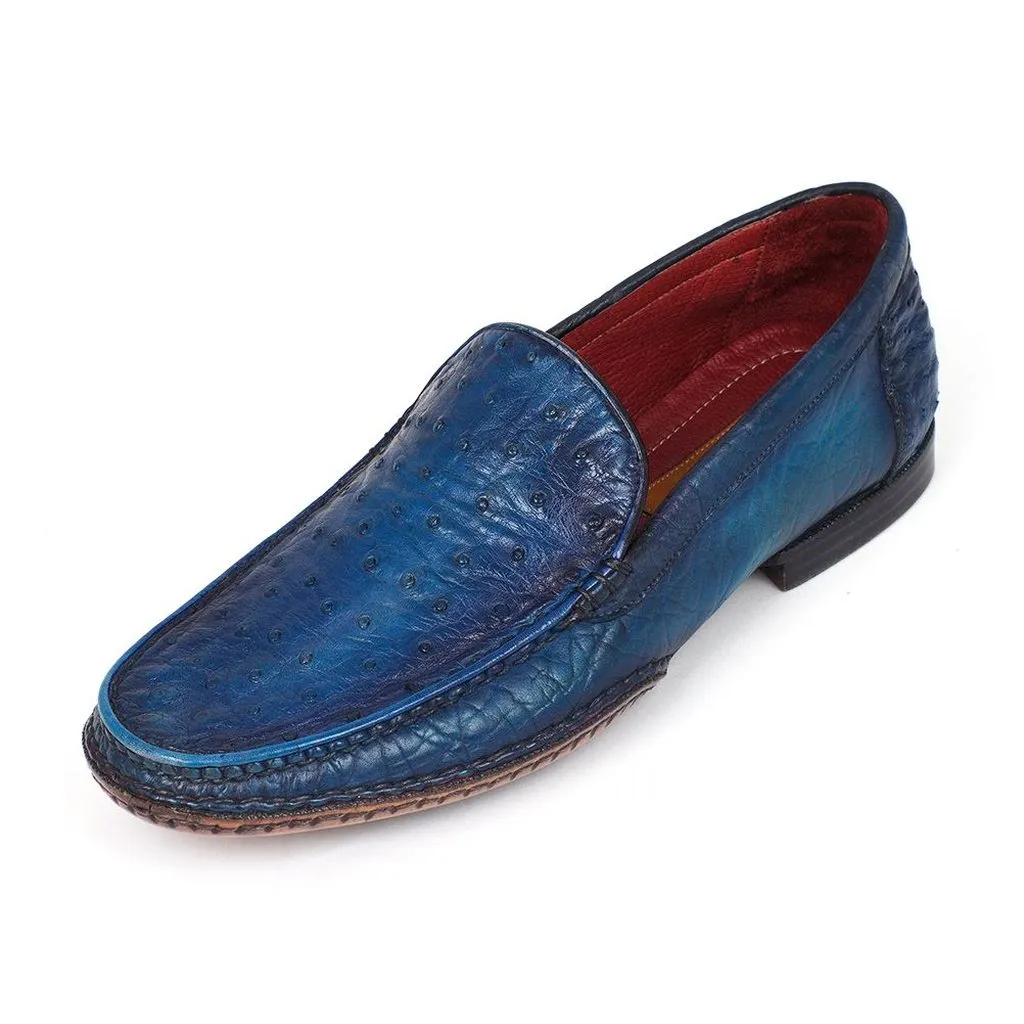 Paul Parkman Blue Genuine Ostrich Opanka Stitched Moccasins (ID#YL94OPK)