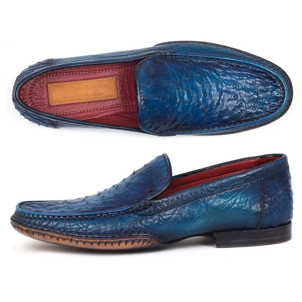 Paul Parkman Blue Genuine Ostrich Opanka Stitched Moccasins (ID#YL94OPK)