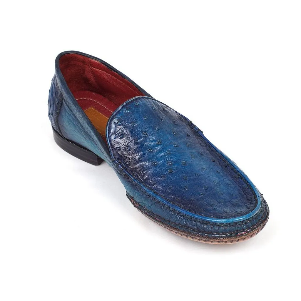 Paul Parkman Blue Genuine Ostrich Opanka Stitched Moccasins (ID#YL94OPK)