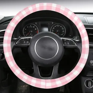 Pink Checkered Steering Wheel Cover Anti-Slip Insert, Racing Check Checkerboard Men Women Squares White Print Car Auto Wrap Cute Protector