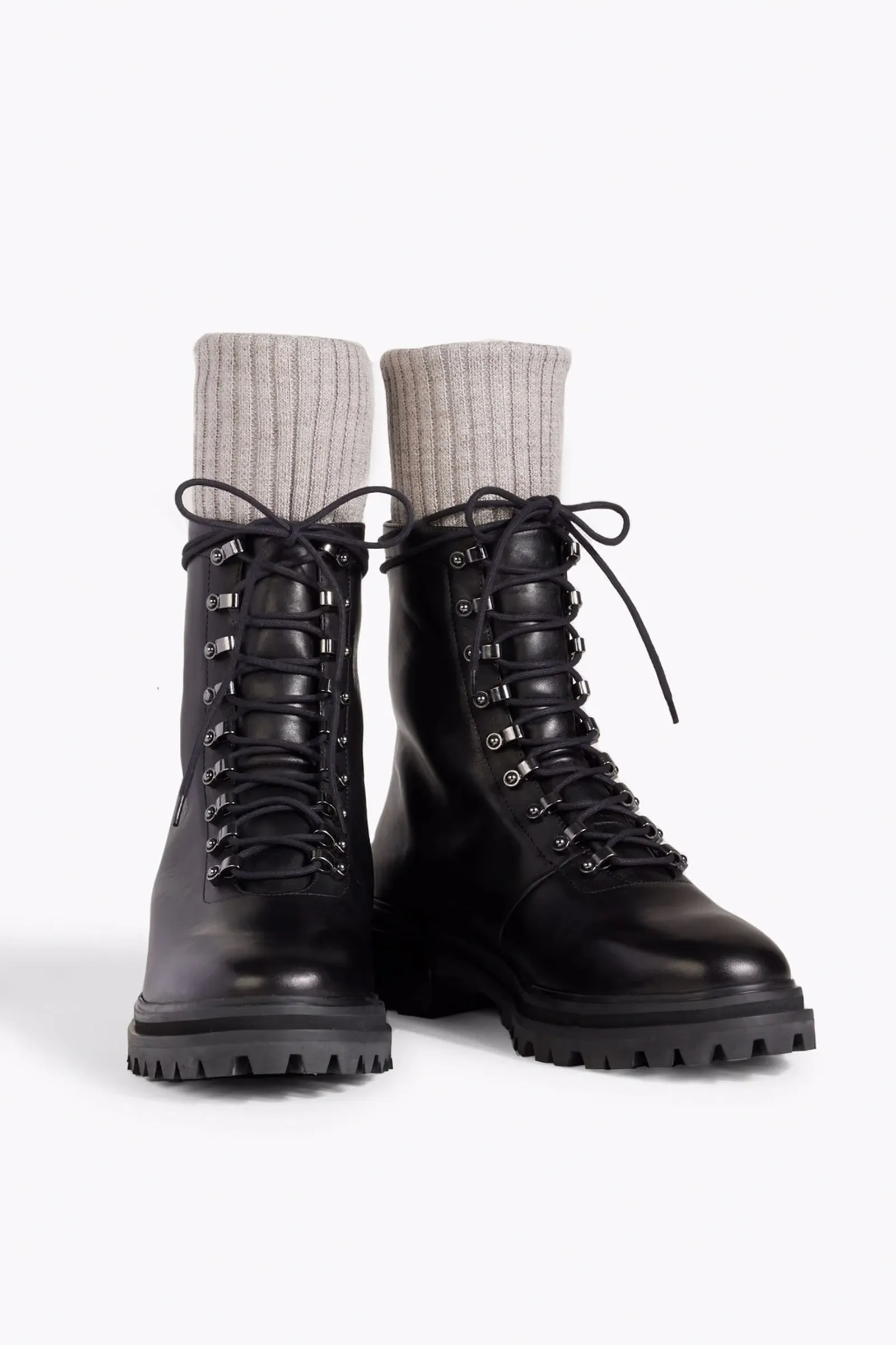 Ribbed-knit Trimmed Leather Combat Boots