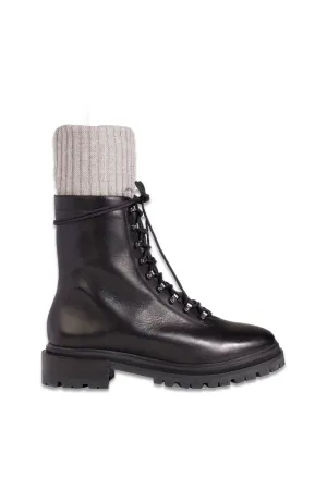 Ribbed-knit Trimmed Leather Combat Boots