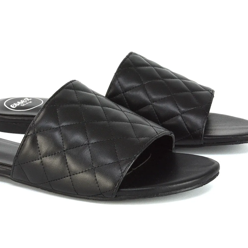 Saylor Quilted Detail Strappy Sandal Flat Sliders in Black Synthetic Leather