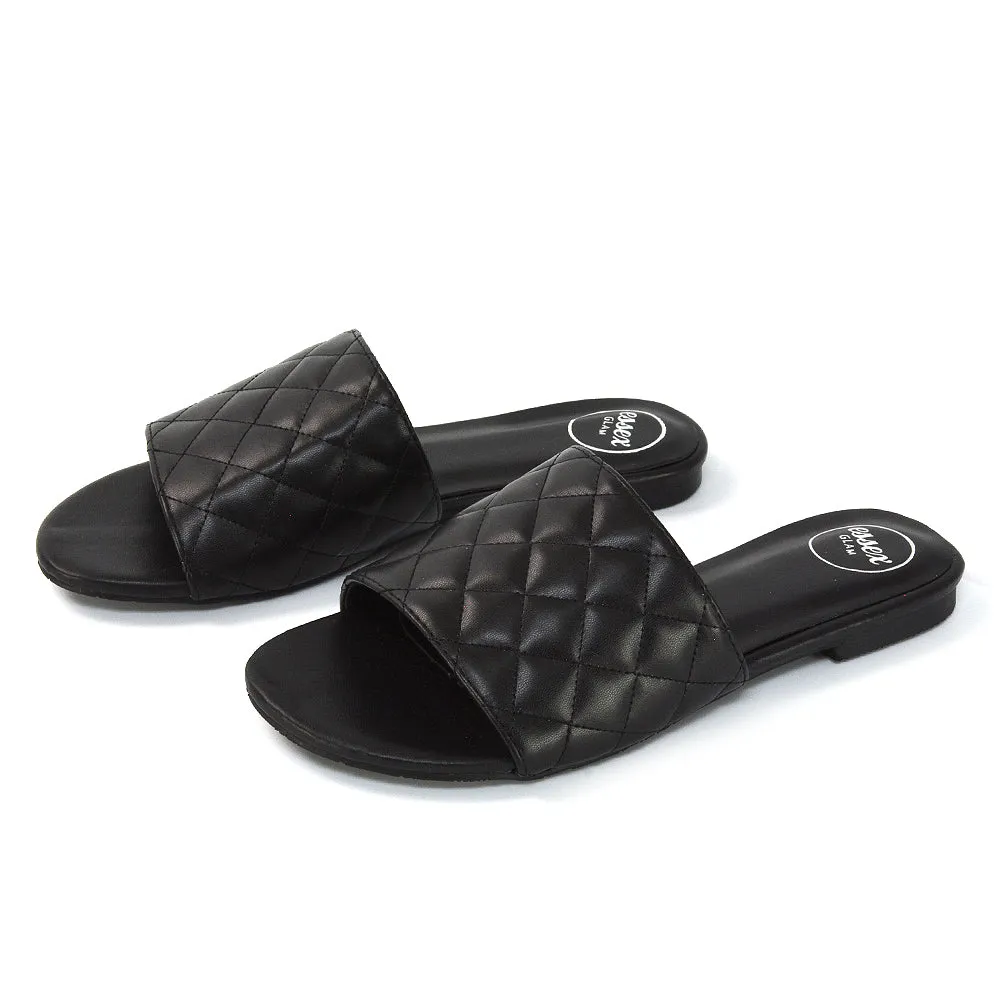 Saylor Quilted Detail Strappy Sandal Flat Sliders in Black Synthetic Leather