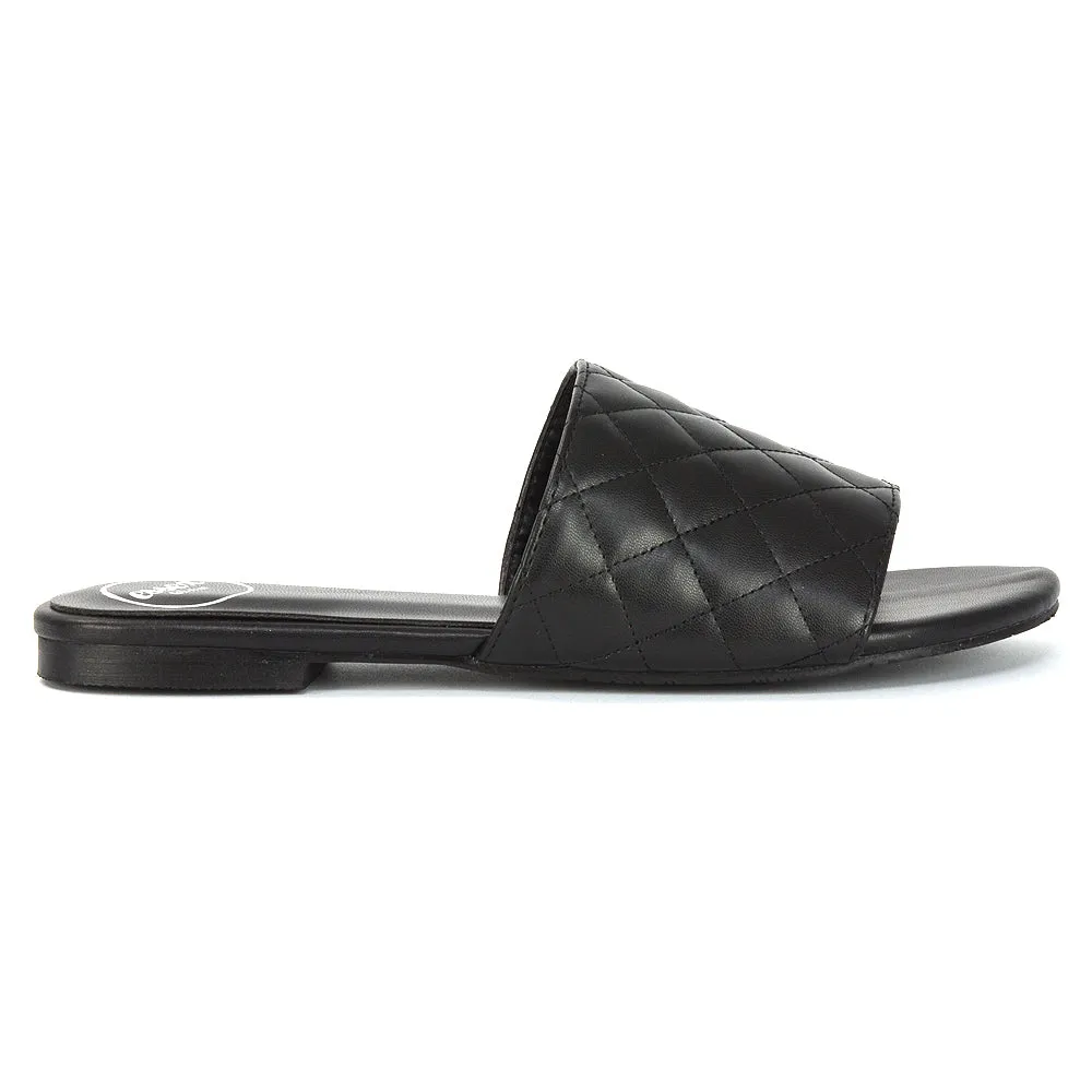 Saylor Quilted Detail Strappy Sandal Flat Sliders in Black Synthetic Leather