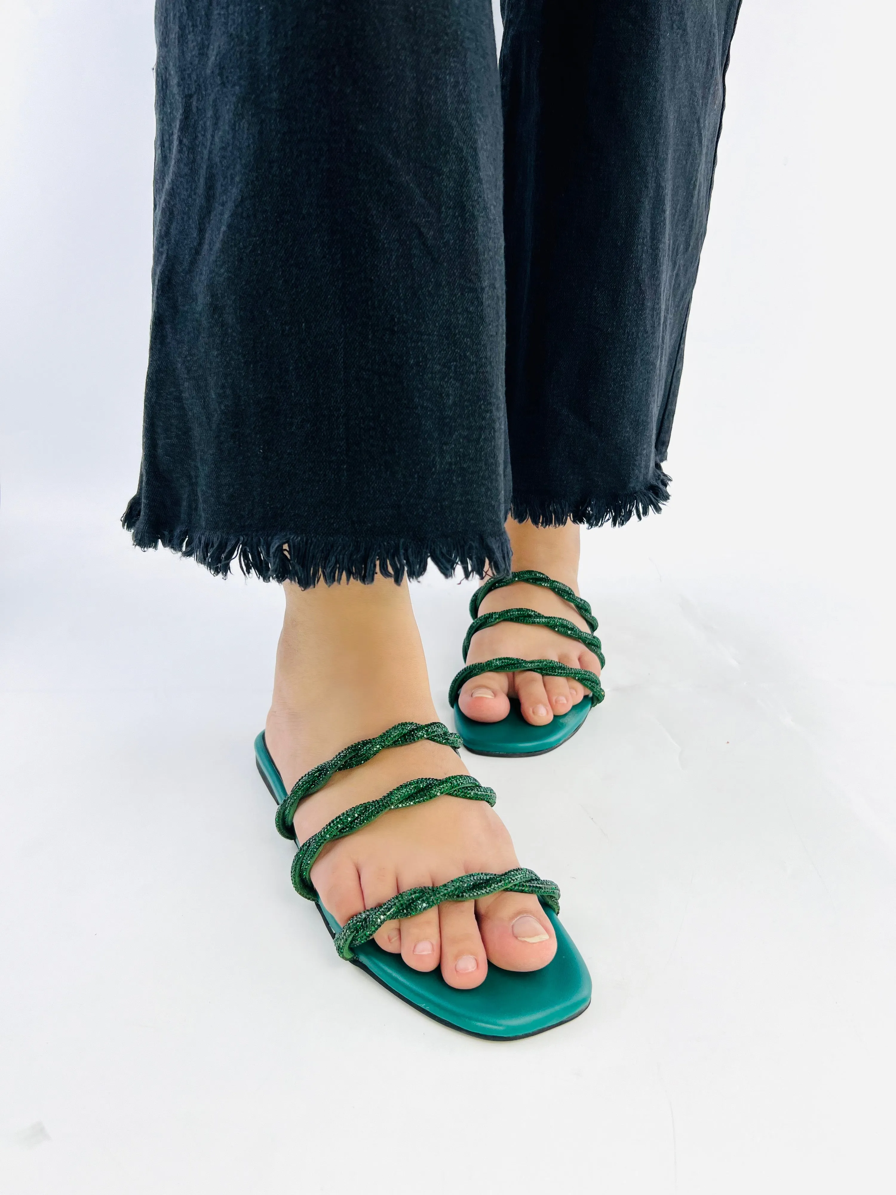 Spunkz 3-Striped Quilted Green Embellished Cross Straps Flats