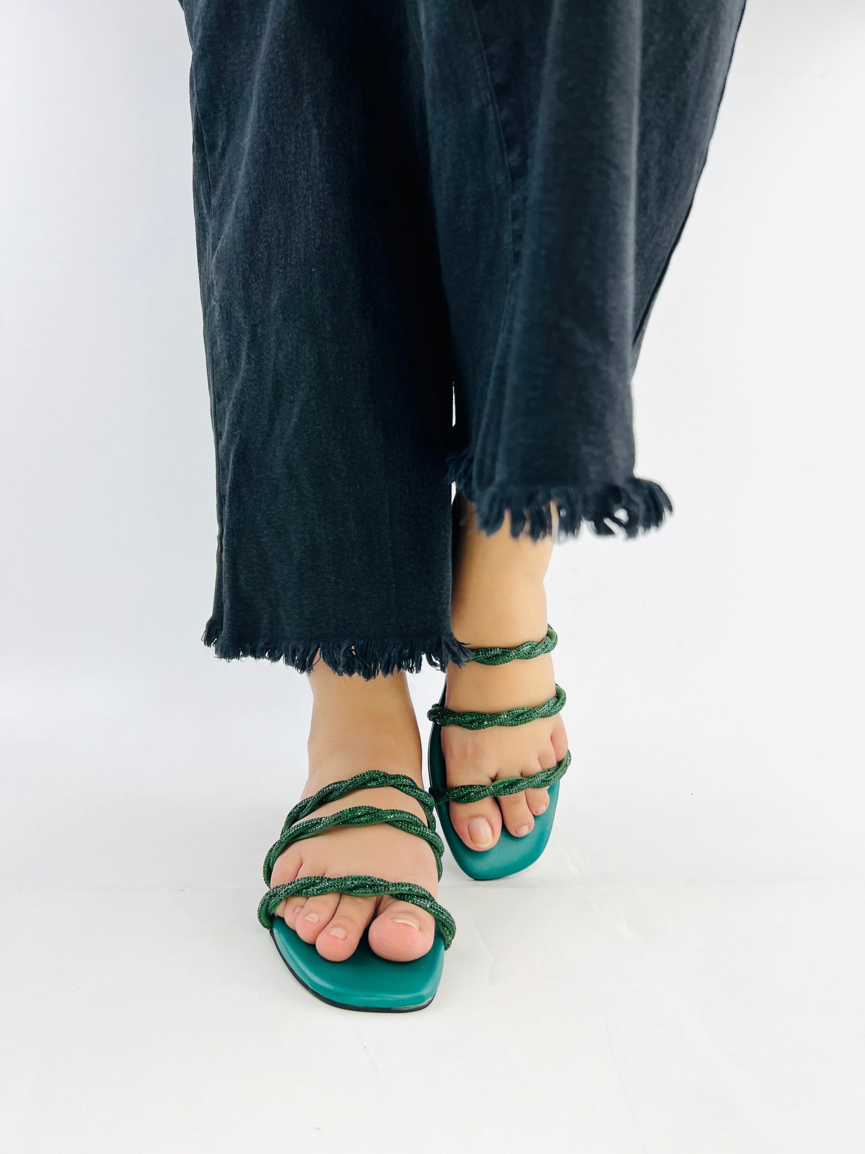 Spunkz 3-Striped Quilted Green Embellished Cross Straps Flats