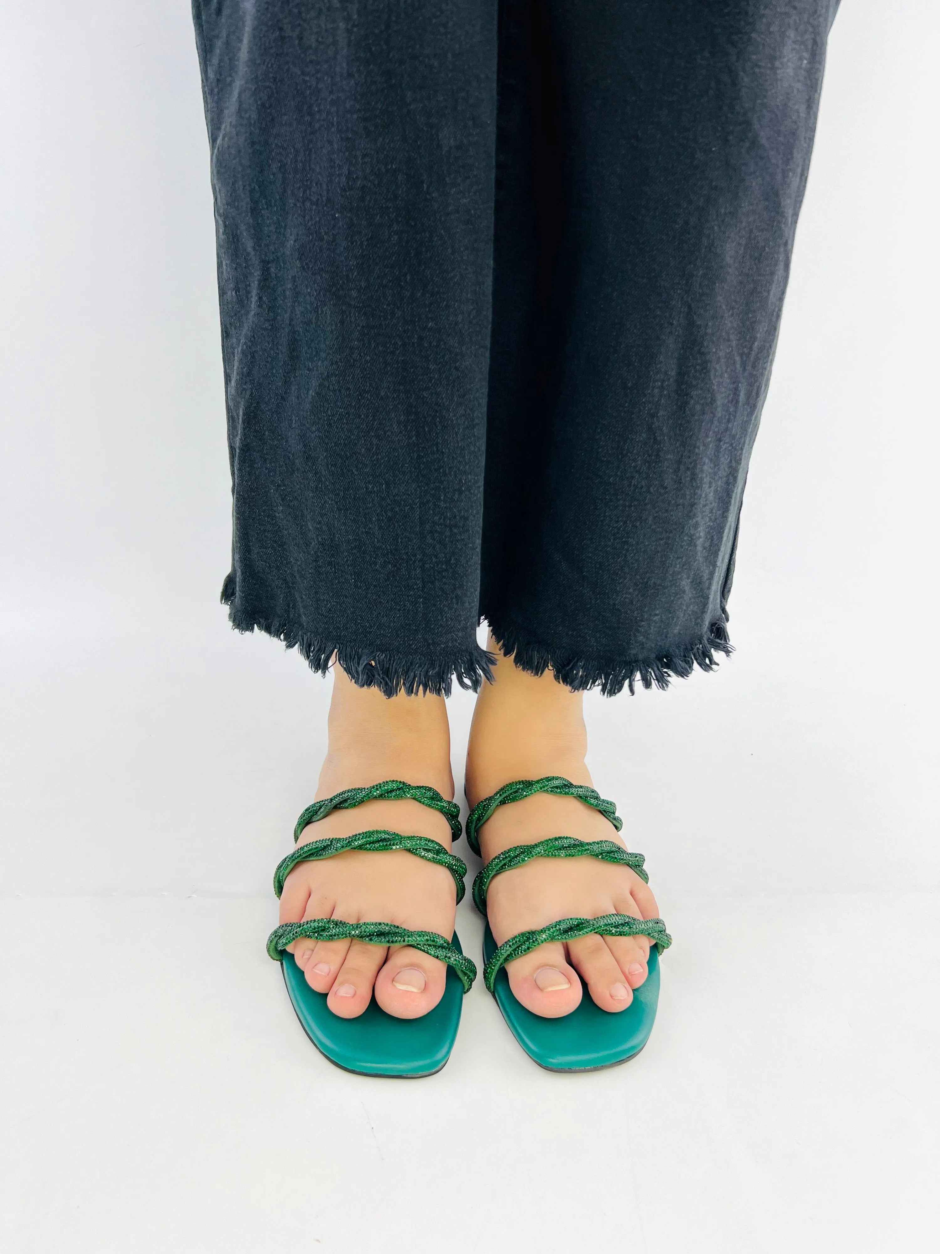 Spunkz 3-Striped Quilted Green Embellished Cross Straps Flats