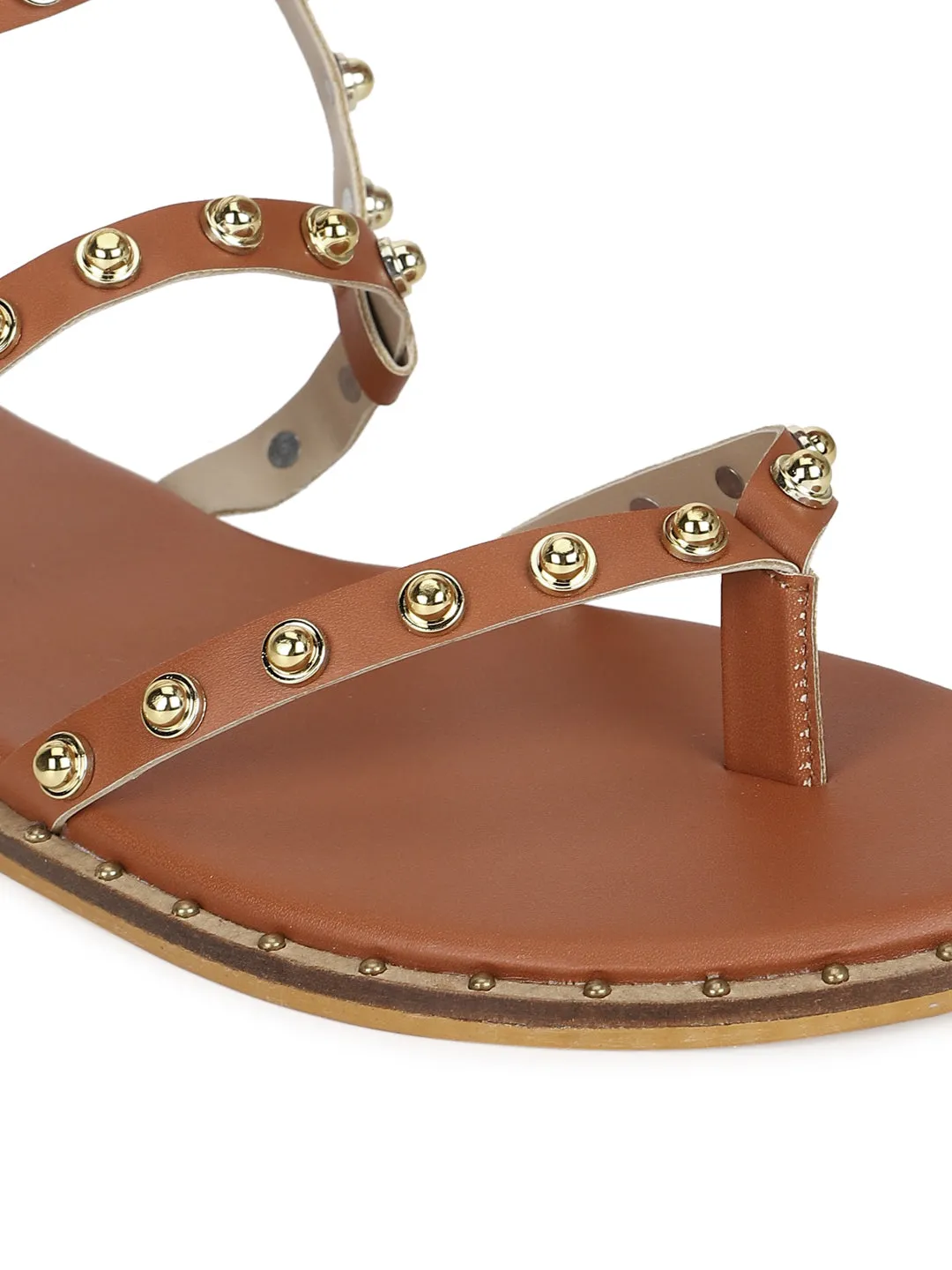 Tan PU Studded Flat Sandals (TC-ST-1209-TAN)