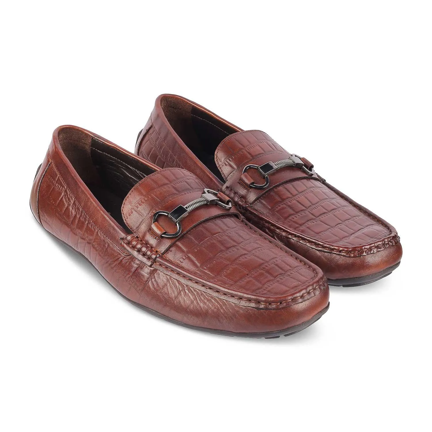 The Miluck Brown Men's Textured Leather Driving Loafers Tresmode