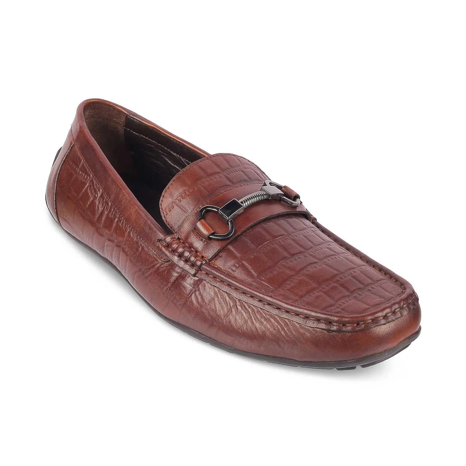 The Miluck Brown Men's Textured Leather Driving Loafers Tresmode