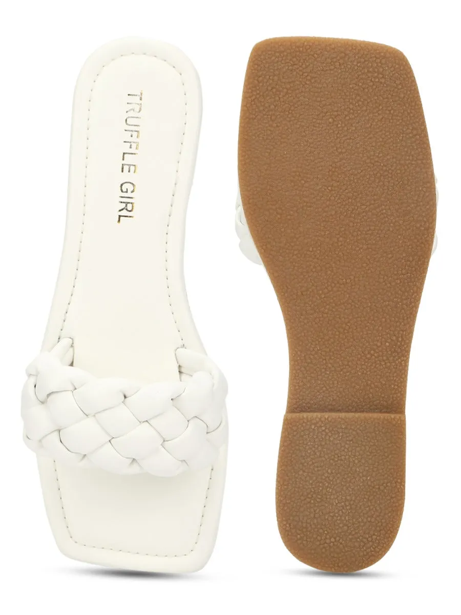 White PU Quilted Strap Slip Ons