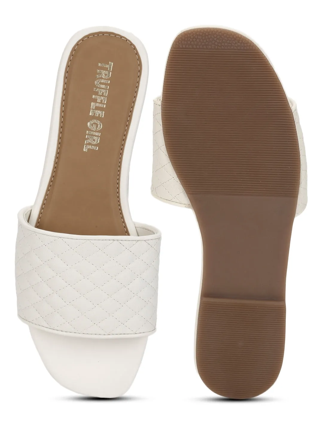 White Quilted PU Slide on Flat Sandals