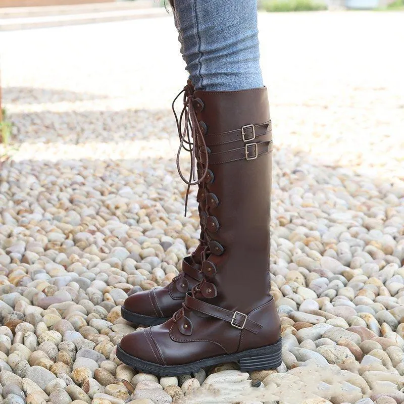 Women buckle strap criss cross lace up knee high boots