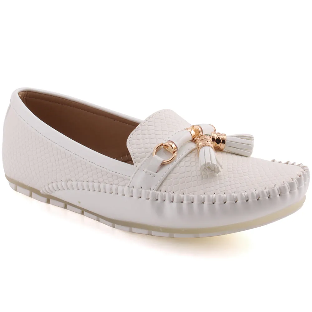 Women “LUELLA” Stitched Edge Snake Textured Tassel Detailed Slip On Casual Moccasins