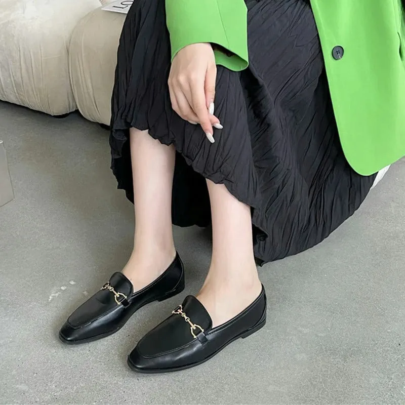 Women's Autumn Slip On Loafer With Metal Buckle Flat | Round Toe Shoes