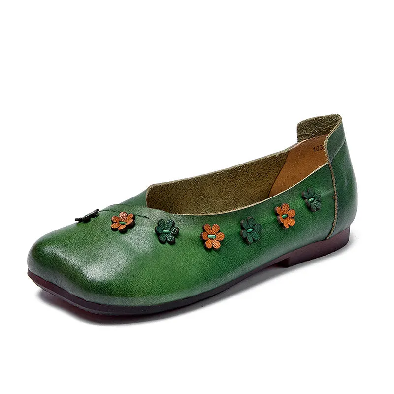 Womens Handmade Bohemian Floral Cowhide Leather Flats