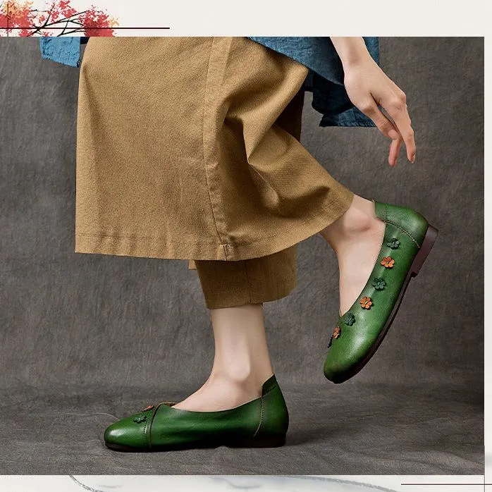 Womens Handmade Bohemian Floral Cowhide Leather Flats