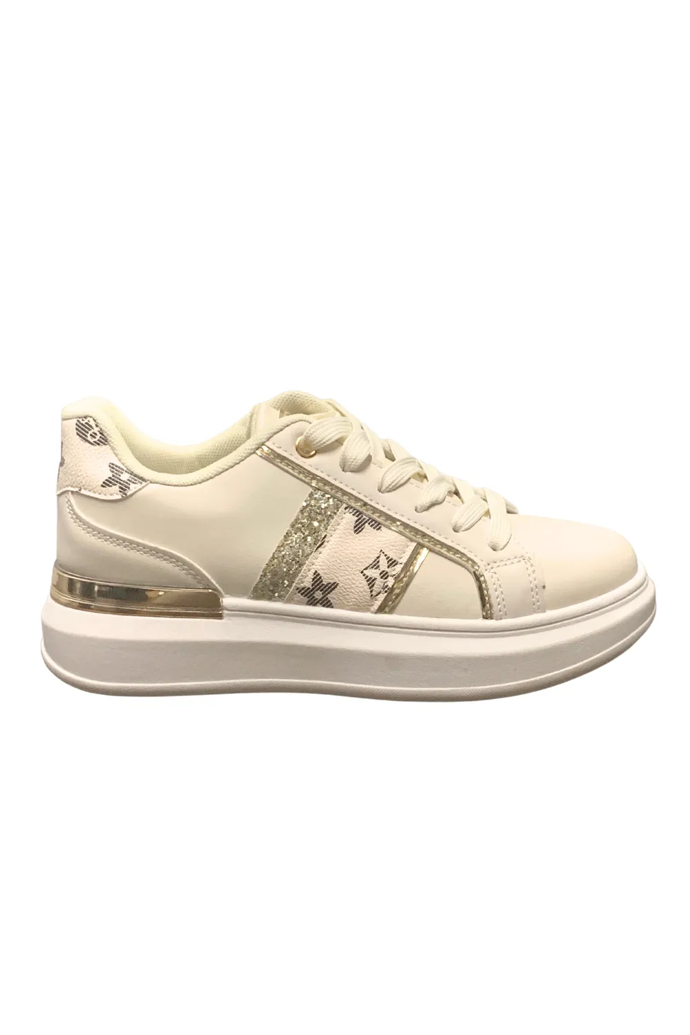 Womens Shining Metallic Sequins Print Pattern Lace-Up Chunky Wedges Trainers Sneakers  2379 BEIGE